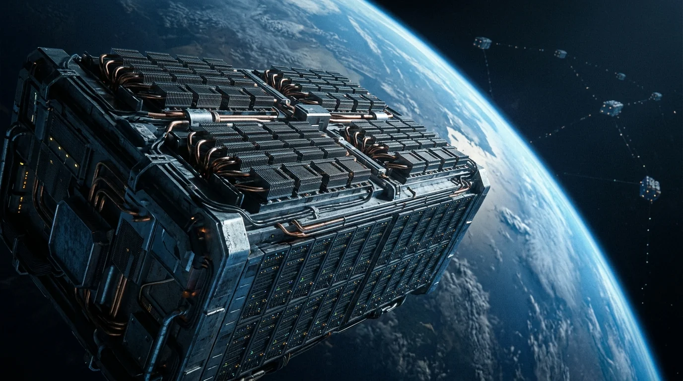 軌道上に展開された GPU 搭載衛星モジュール。地球の青い縁を背景に GPU ヒートシンクと放熱器が並ぶ