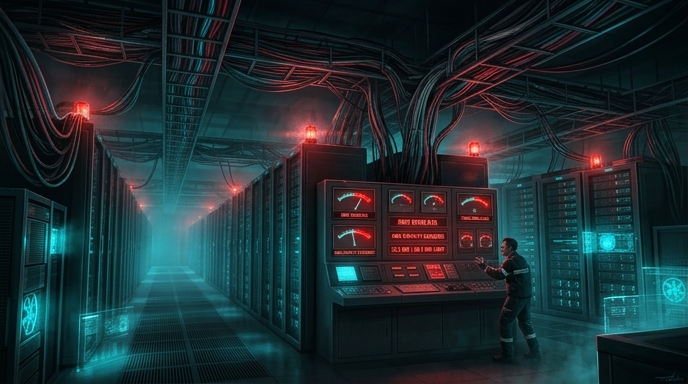 AIデータセンターの電力消費問題を示すサーバーホールの俯瞰図