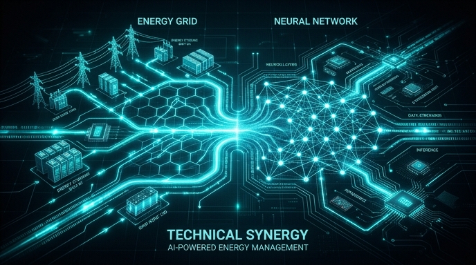 エネルギーグリッドとAIニューラルネットワークが融合する技術的シナジーの図解