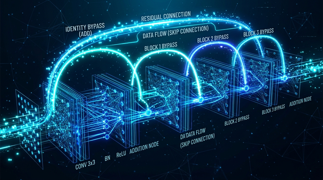 残差接続の恒等写像パス：入力が直接出力に加算されることで学習安定性が確保されるメカニズム