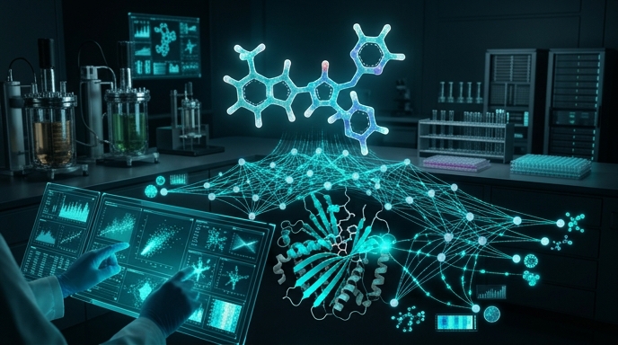 AI創薬プロセスの概念図：Pharma.AIプラットフォームによる標的発見から分子設計までの流れ