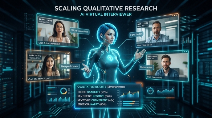 AIが複数顧客に同時インタビューを実施するシステムの概念図
