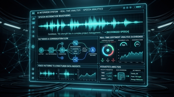 AIインタビューシステムの音声解析と自然言語処理の技術的仕組みの図解