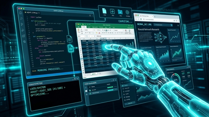 AIエージェントがパソコンを操作するイラスト