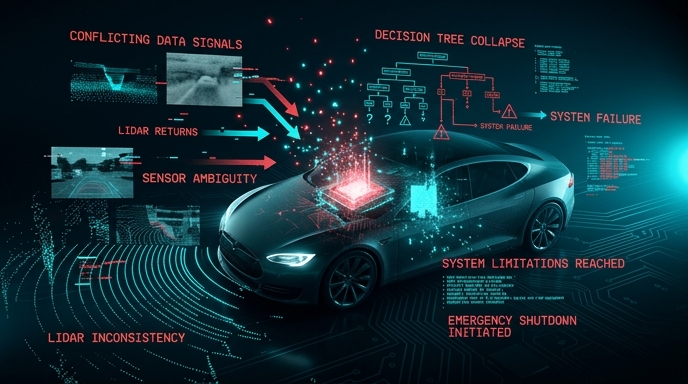 従来型自動運転システムの複雑なセンサーアレイと意思決定の限界を示す図