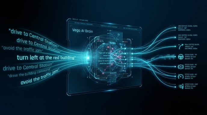 自然言語コマンドが自動運転ナビゲーション信号に変換されるVegaのアーキテクチャ概念図