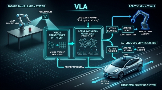VLA（視覚言語行動）アーキテクチャの技術構成図とロボティクス研究との接点