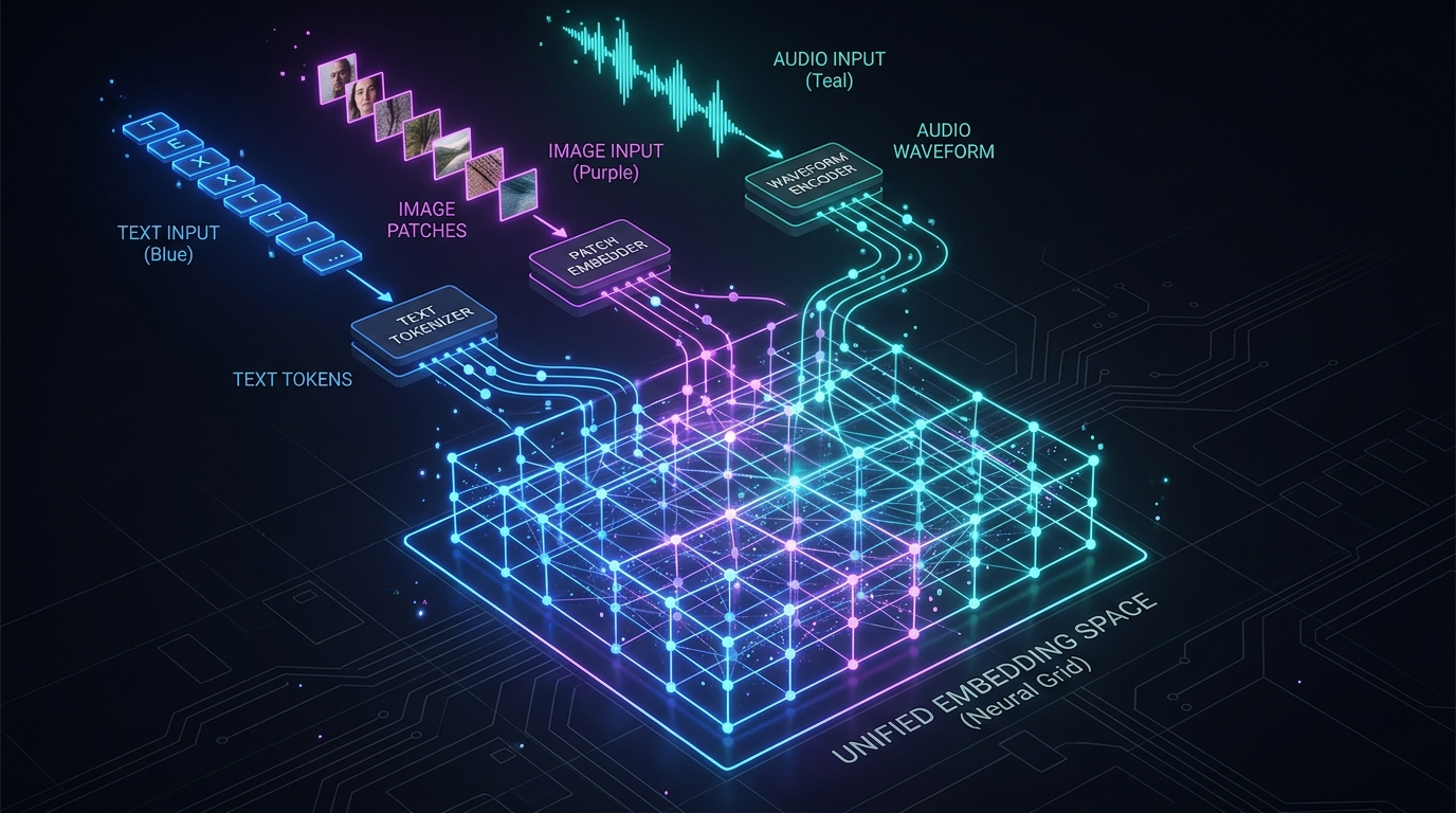 Unified Modality Tokensのアーキテクチャ概念図——複数モダリティが共有ベクトル空間に収束する